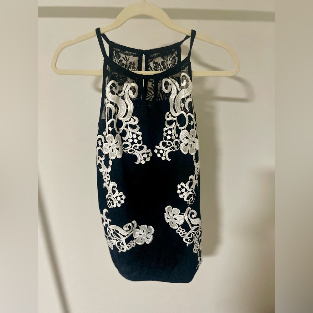 INC International Concepts Black Lace Tunic with White Floral Embroidery